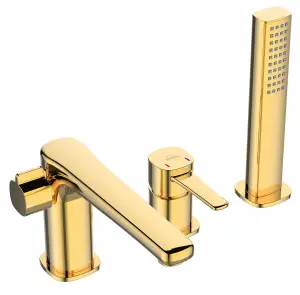 Gold 3-Hole Bath Tap Pull Out Shower Handle Space Saving Bathroom Mixer Faucet