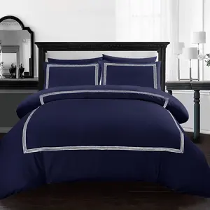 My Home Store Junco Microfiber 3 Piece Luxury Bratta Stitch Duvet Cover Sets With Pillowcase Navy Blue/White / Single - 1 Standard Pillowcase