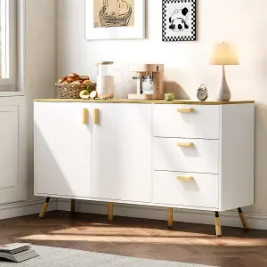 140 x 40 x 78cm Multi-Use Storage Cabinet with Solid Wood Top Double Doors and 3 Drawers in White