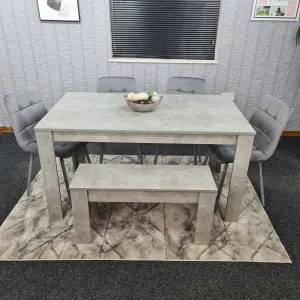 Grey Kitchen Dining Table, 4 Grey Tufted Velvet Chairs and 1 Bench Dining Set (140x80x75cm)