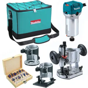 Makita RT0700CX2 240V 1/4" Router Laminate Trimmer Guide Plunge Base Tilt + Set