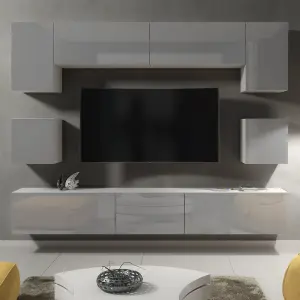 Panorama Wall TV Unit White & Grey with High Gloss Doors and LED Lighting - Creative Furniture