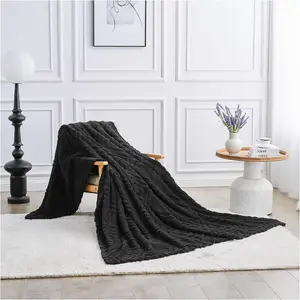 Large Sherpa Fleece Blanket  Fluffy Throw For Sofas, Bed, Armchair Jacquard Pattern King Size Throw Thermal Black