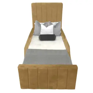 Delia Sleigh Kids Bed Gaslift Ottoman Plush Velvet with Safety Siderails- Beige