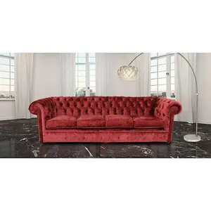 Chesterfield 4 Seater Sofa Settee Elegance Ruby Red Velvet Fabric In Classic Style