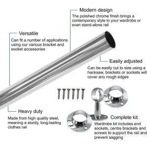 EAI - Hanging Wardobe Rail Kit - 25mm Tube - 1829mm Rail with 2x End Sockets & 1x Centre Bracket - Polished Chrome