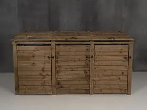 Wooden Wheelie Bin Store (Triple, Rustic Brown, With Recycling Shelf)