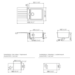 Cooke & Lewis Galvani Black Composite quartz 1 Bowl Sink & drainer 500mm x 1000mm