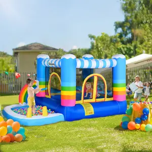 Outsunny Kids Bouncy Castle with Pool Outdoor Trampoline W/ Net Blower 3-8 Yrs