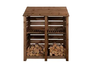 Slatted wooden log store with kindling shelf W-146cm, H-180cm, D-88cm - brown finish