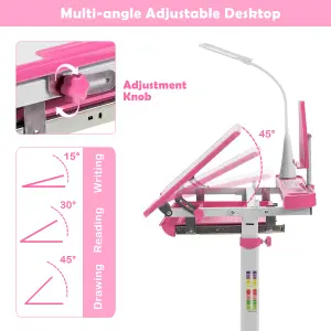 Costway Height Adjustable Kids Study Table and Chair Set w/Book Stand & LED Light