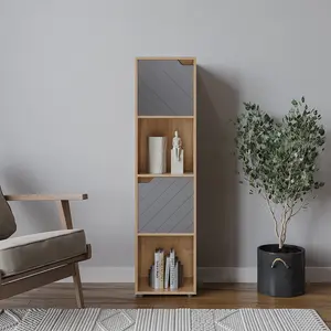 URBNLIVING 119cm Height Oak Wooden Cube Bookcase with Grey Line Door Display Shelf Storage Shelving Cupboard