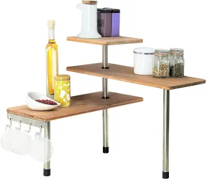 Kitchen or Bathroom Corner Etagere - Freestanding 3 Tier Bamboo Wooden Shelving Unit - Measures 43 x 39 x 18cm