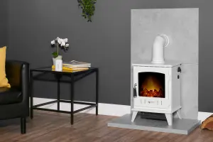 Acantha Tile & Hearth Set in Concrete Effect with White Aviemore Stove & Angled Pipe