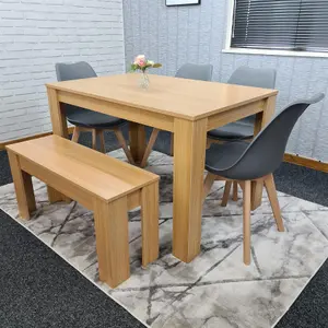 Dining Table and 4 Chairs With Bench Oak Effect Wood 4 Grey Plastic Leather Chairs Dining Room