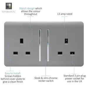 Trendiswitch Light Grey 2 Gang 13 Amp Switched Socket