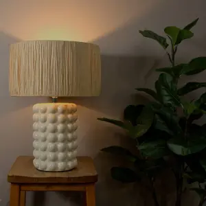 ValueLights Kiran Stone Bobble Ceramic Bedside Table Lamp with Natural Raffia Shade - LED Bulb Included