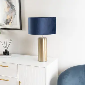 ValueLights Lexy Antique Brass Touch Table Lamp with Navy Blue Velvet Shade