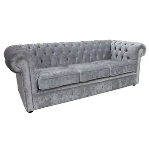 Chesterfield Crystal 3 Seater Sofa Modena Cloud Grey Velvet Fabric In Classic Style