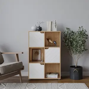 URBNLIVING 91cm Height Oak Wooden Cube Bookcase with White Line Door Display Shelf Storage Shelving Cupboard