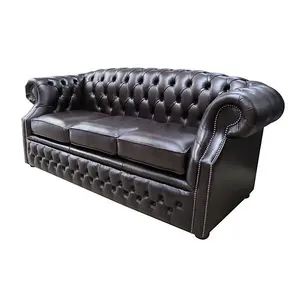 Chesterfield 3 Seater Old English Smoke Leather Sofa In Buckingham Style