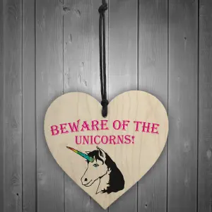 Red Ocean Beware Of The Unicorns Novelty Wooden Hanging Heart Plaque