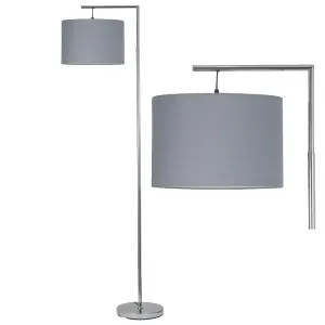 First Choice Lighting Chrome Angled Floor Lamp with Grey Cotton Shade