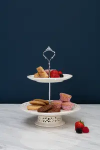 Interiors By Premier Elegant 2 Tier Ceramic Lace Cake Plate, Two Tier Design Cake Stand For Dinner, Versatile Cupcake Plate