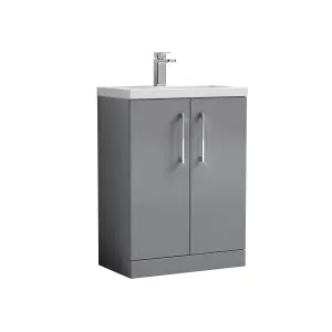 Floor Standing 2 Door Vanity Unit with Ceramic Basin, Satin Grey, 600mm