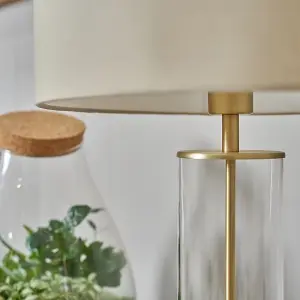 ValueLights Balan Gold & Clear Tube Table Lamp with Beige Cylinder Shade