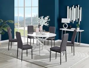 Furniturebox UK Novara White High Gloss 120cm Round Dining Table & 6 Grey Velvet Milan Black Leg Chairs