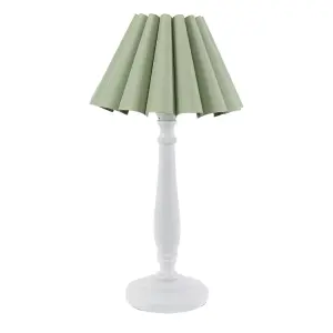 ValueLights Victoria White Wood Candlestick Stem Table Lamp with Sage Green Scallop Tapered Lamp Shade