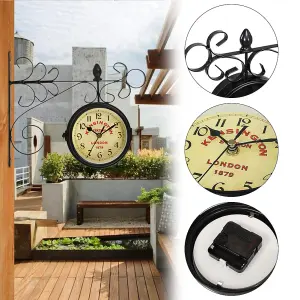 Iron Antique Look Black Round Wall Hanging Double Sided Two Faces Retro Station Clock Round