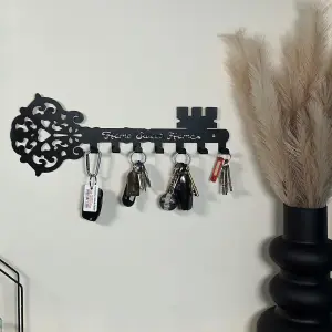 Key-Shaped Wall Mounted Key Hanger with 7 Hooks - Black Decorative Metal Novelty Key Holder for Home, Entryway, Hallway, Office