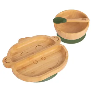 Tiny Dining 3pc Monkey Bamboo Suction Dinner Set - Olive Green