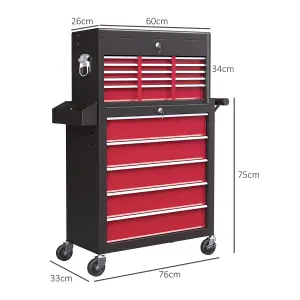 HOMCOM Rolling Tool Chest Lockable Roller Cabinet with with 14 Drawers Red