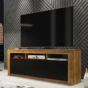 Modern TV Unit 160cm Oak with Matt Black Doors - Creative Furniture