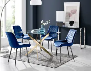 Furniturebox UK Leonardo 4 Gold Dining Table and 4 Navy Pesaro Black Leg Chairs