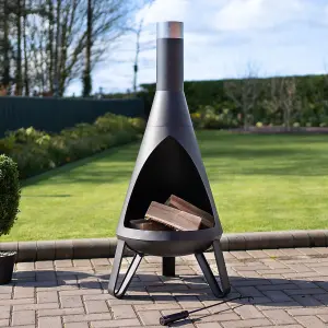 Black Rio Chimenea - Metal Outdoor Garden Patio Log Wood Burner Fire Pit Bowl with Stainless-Steel Flue Cap - Small, H125 x 50cm