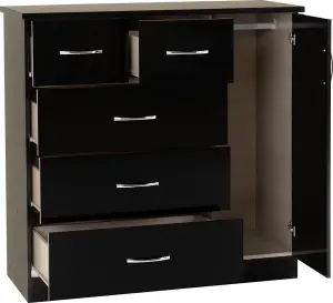 Nevada 5 Drawer 1 Door Low Wardrobe in Black Gloss Finish