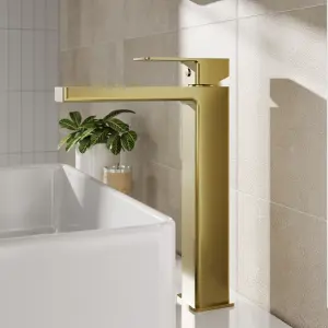 Square Tall Mono Basin Mixer Tap - Brushed Brass