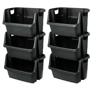 Set of 3 Open Fronted Black Plastic Crates Heavy Duty Stackable Storage Boxes