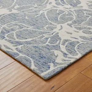 Modern Abstract Easy to Clean Handmade Blue Ivory Wool Rug for Living Room & Bedroom-120cm X 170cm