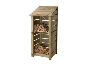 Slatted wooden log store with kindling shelf W-79cm, H-180cm, D-88cm - natural (light green) finish