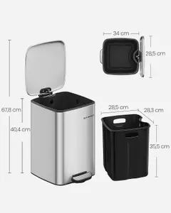 SONGMICS Steel Kitchen Waste Bin, Pedal Trash Can, Includes Inner Bucket, Soft-Close Function, Stays Open, Metallic Silver