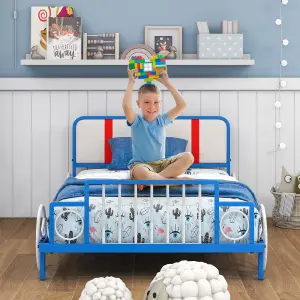 Costway Single Size Kids Bed Frame Car Shaped Platform Metal Bed Base w/ Upholstered Headboard