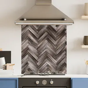 Toughened 6mm Glass Kitchen Splashback 60 x 65cm Herringbone Wood - Polished  Heat Resistant Back Splash for Cookers Hob