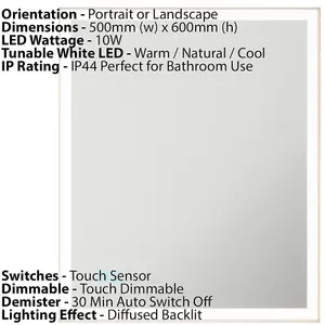 500 x 600mm IP44 LED Bathroom Mirror & Demister - Tunable White Diffused Border