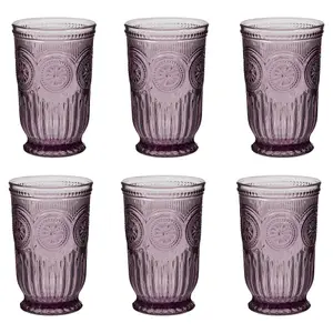 Set of 6 Luxury Embossed Purple Tall Drinking Glass Tumblers 330ml