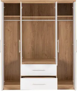 Seville 4 Door 2 Drawer Wardrobe White High Gloss and Light Oak Effect Veneer